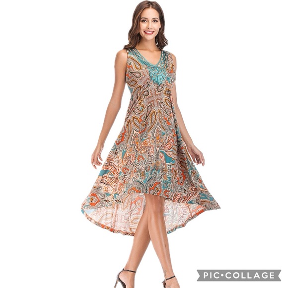 World Unity Matisse Paisley Print Embroidered Sleeveless High Low Dress - Picture 4 of 16